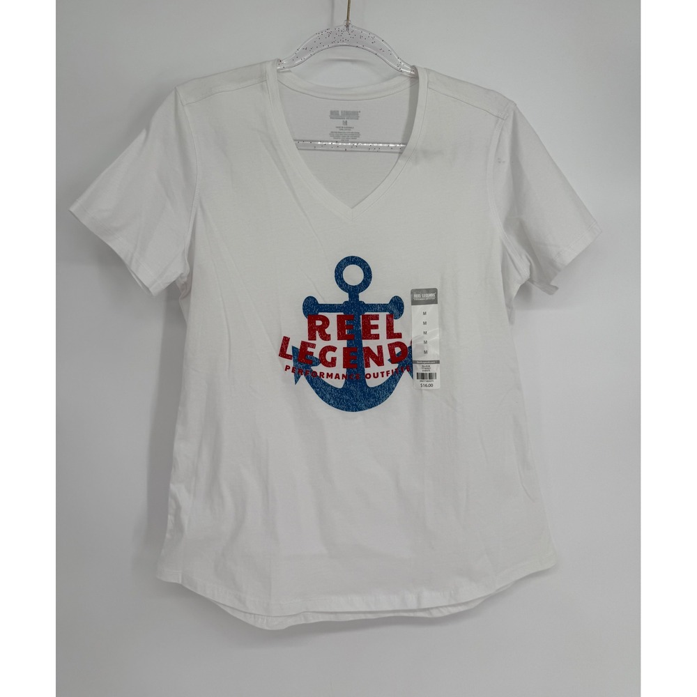 Reel Legends Womens White Anchor Graphic V-Neck T-Shirt NWT Sz M